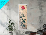 Red Rose Art Print Canvas Print, Japanese Inspired Rose Painting, Long Narrow Wall Art, Tall Skinny Art, Framed Canvas Print, Boho Wall Art