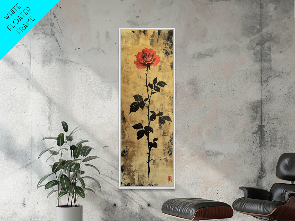 Golden Background Rose Art Canvas Print, Elegant Rose with Dark Leaves, Chinoiserie Style Wall Art, Framed Canvas Print, Gift Idea Her