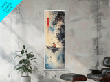 Fisherman in Boat Painting Canvas Print, Japanese Fishing Scene, Coastal Wall Art, Nautical Decor, Tall Narrow Art, Framed Canvas Print, Coastal Decor