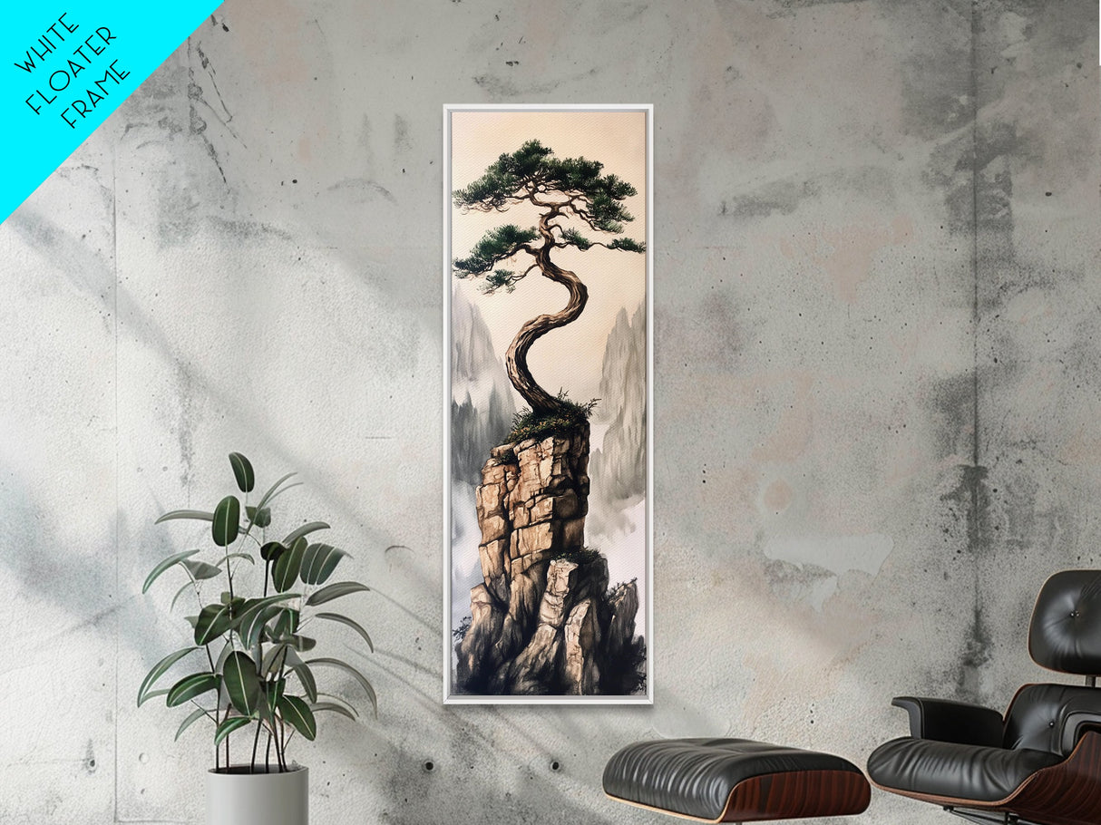 Framed Canvas Print Wabi Sabi Art Coastal Landscape Nautical Wall Art Pine Tree Artwork Living Room Decor Above Couch Art Serenity Gift