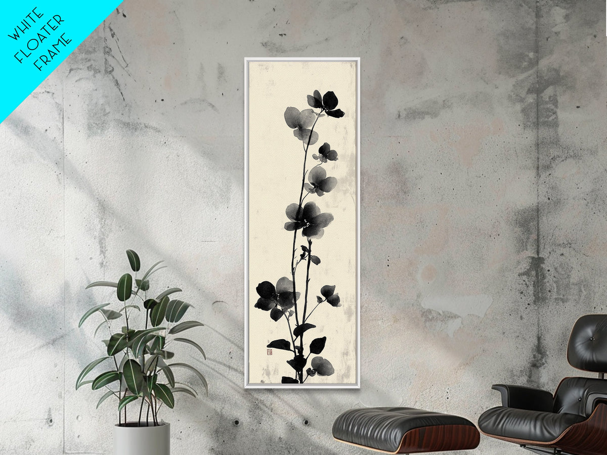 Framed Canvas Print Cherry Blossom Painting Black and White Floral Art, Wabi Sabi Decor, Japanese-Inspired Wall Art, Skinny Canvas Gift