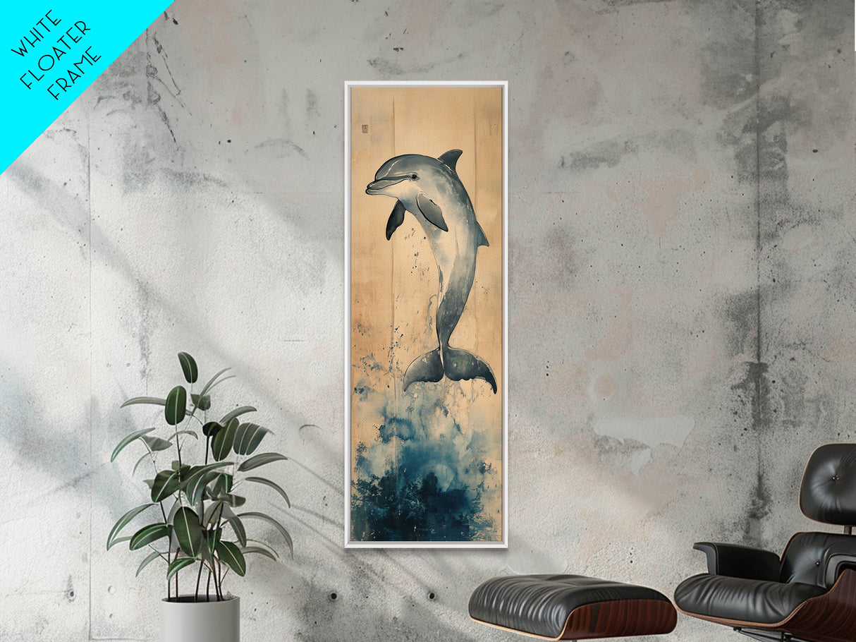 Framed Canvas Print Blue Dolphin Painting Coastal Nautical Wall Art, Beach-Inspired Above Bed Art, Boho Coastal Living Room Decor, Gift Him