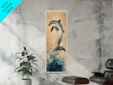 Framed Canvas Print Blue Dolphin Painting Coastal Nautical Wall Art, Beach-Inspired Above Bed Art, Boho Coastal Living Room Decor, Gift Him