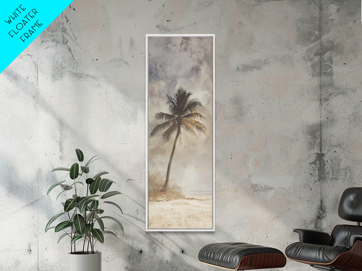 Framed Canvas Print Moody Palm Tree Painting, Coastal Landscape Art, Wabi Sabi Art, Above Sofa Wall Decor, Rustic Beach Scene Print