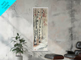 Winter Birch Forest Canvas Print – Wabi Sabi Art, Skinny Wall Art, Moody Winter Scene, Birch Tree Painting, Minimalist Art, Bedroom Wall Decor