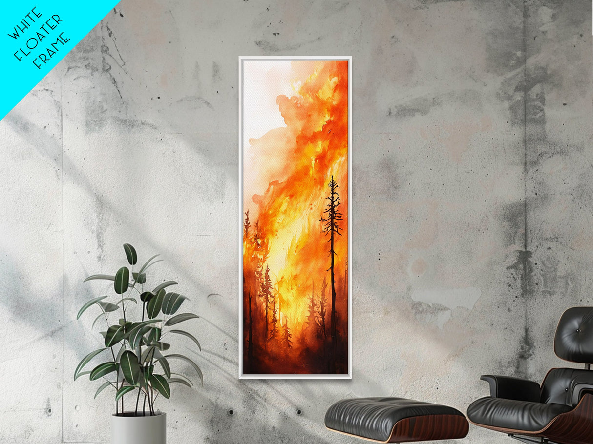 Sunset Blaze in Forest Framed Canvas Print – Dramatic Wall Art, Fiery Forest, Moody Scene, Rustic Decor, Living Room Art, Tall Narrow Art