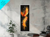 Fiery Phoenix Illustration on Black Canvas, Framed Art Option, Mystical Wall Art for Living Room, Tall Narrow Wall Decor, Mythological Art
