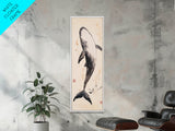 Minimalist Whale Ink Art Depicting Graceful Humpback Whale – Elegant Black and White Framed Canvas Print for Nautical or Coastal Decor