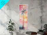 Palm Tree at Sunset Framed Canvas Print, Coastal Oil Painting, Coastal Decor, Tall Narrow Art, Accent Piece Wall Art, Coastal Landscape Art