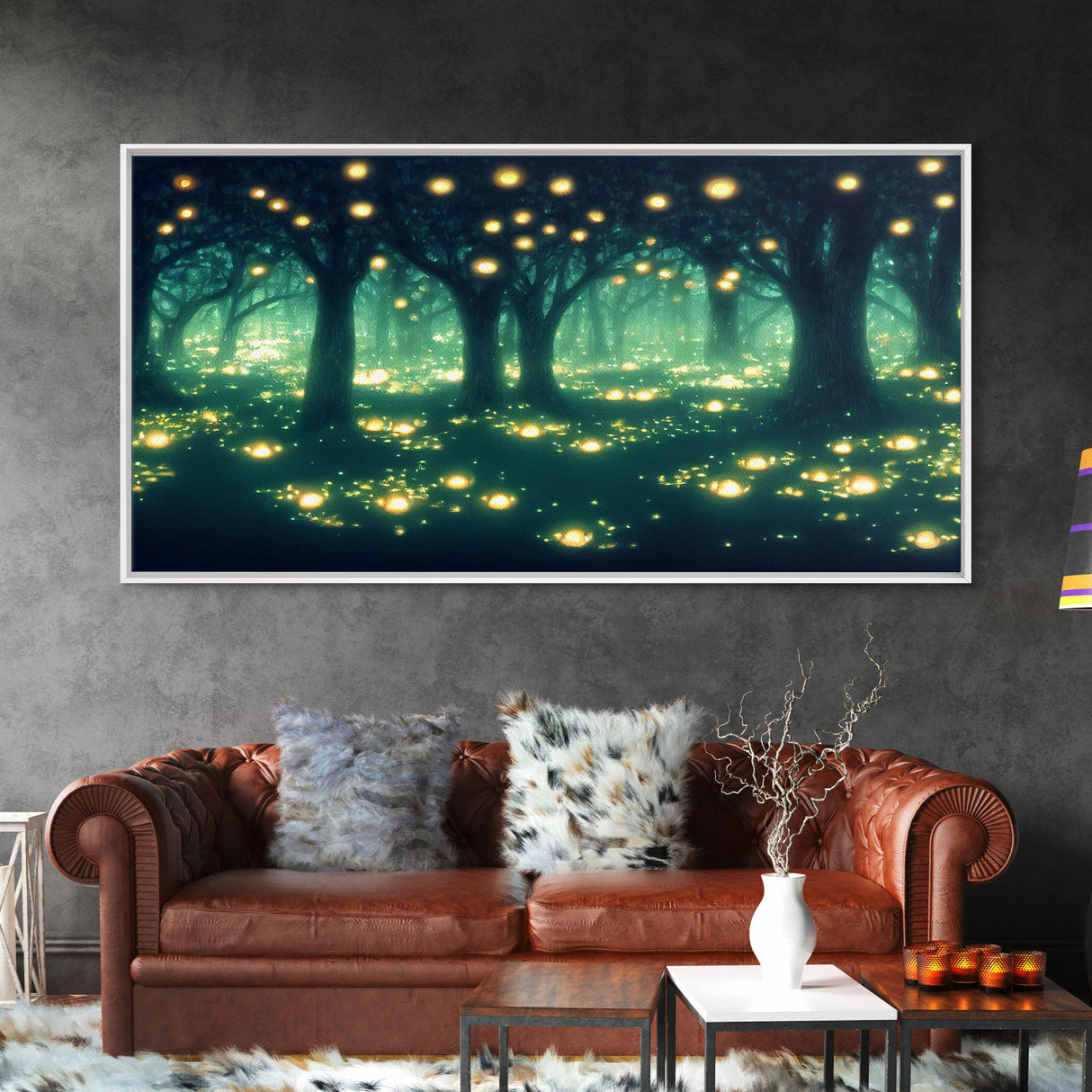 Fireflies At Night In A Fantasy Forest,  Framed Ready To Hang Canvas Print, beautiful wall art, guest room decor
