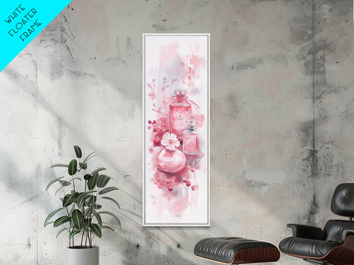 Elegant Perfume Bottles Framed Canvas Print Pink Abstract Art Wabi Sabi Decor Light Pink Bedroom Artwork Feminine Minimalist Wall Art