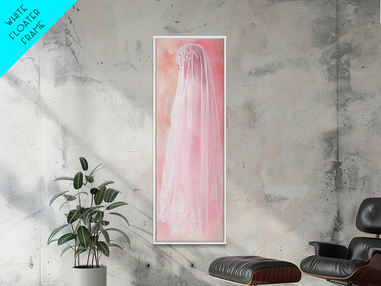 Delicate Bridal Veil Framed Canvas Print Feminine Pink Wall Art Wabi Sabi Minimalist Romantic Bedroom Artwork Unique Wedding Gift Idea