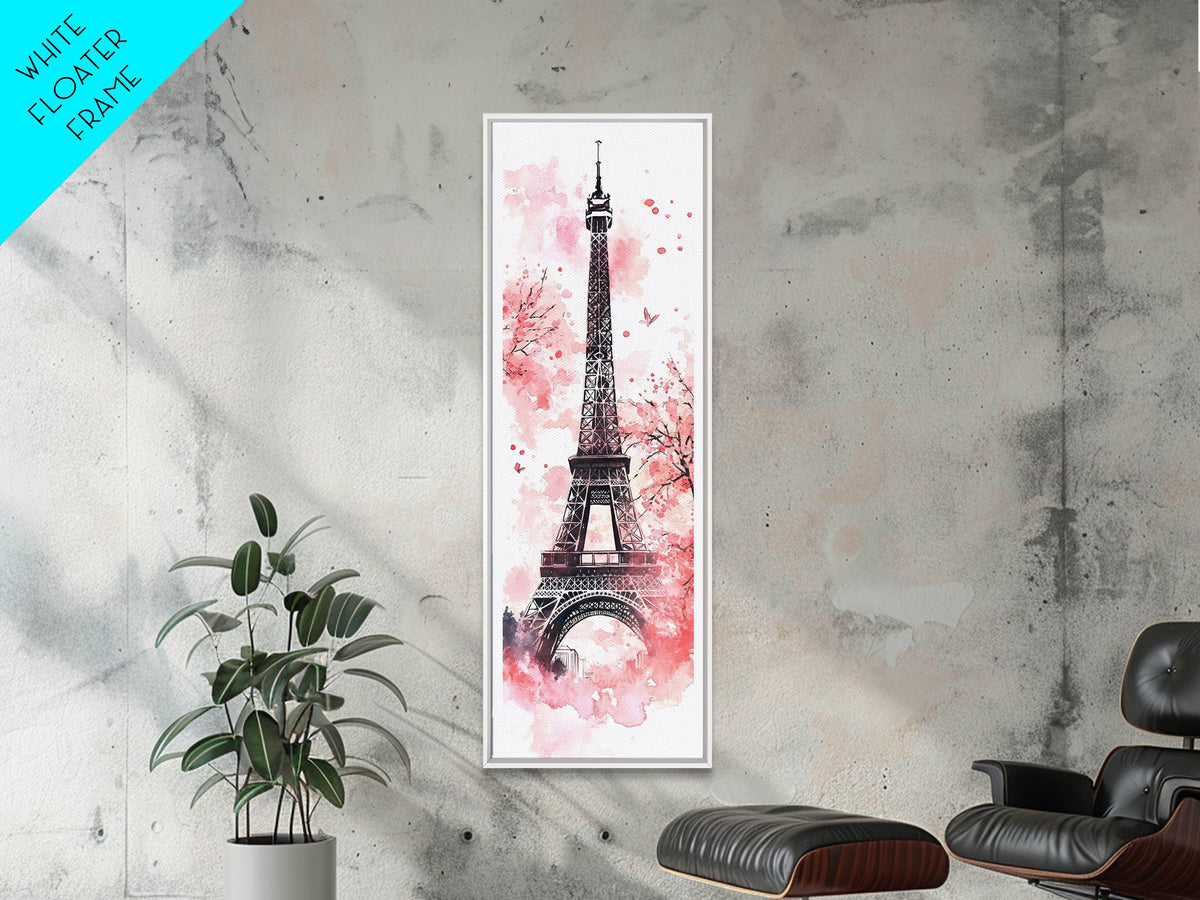 Eiffel Tower Wall Art Framed Canvas Print, Cherry Blossom Painting Vertical Paris Decor, Pink Dorm Art, French Travel-Inspired Gift