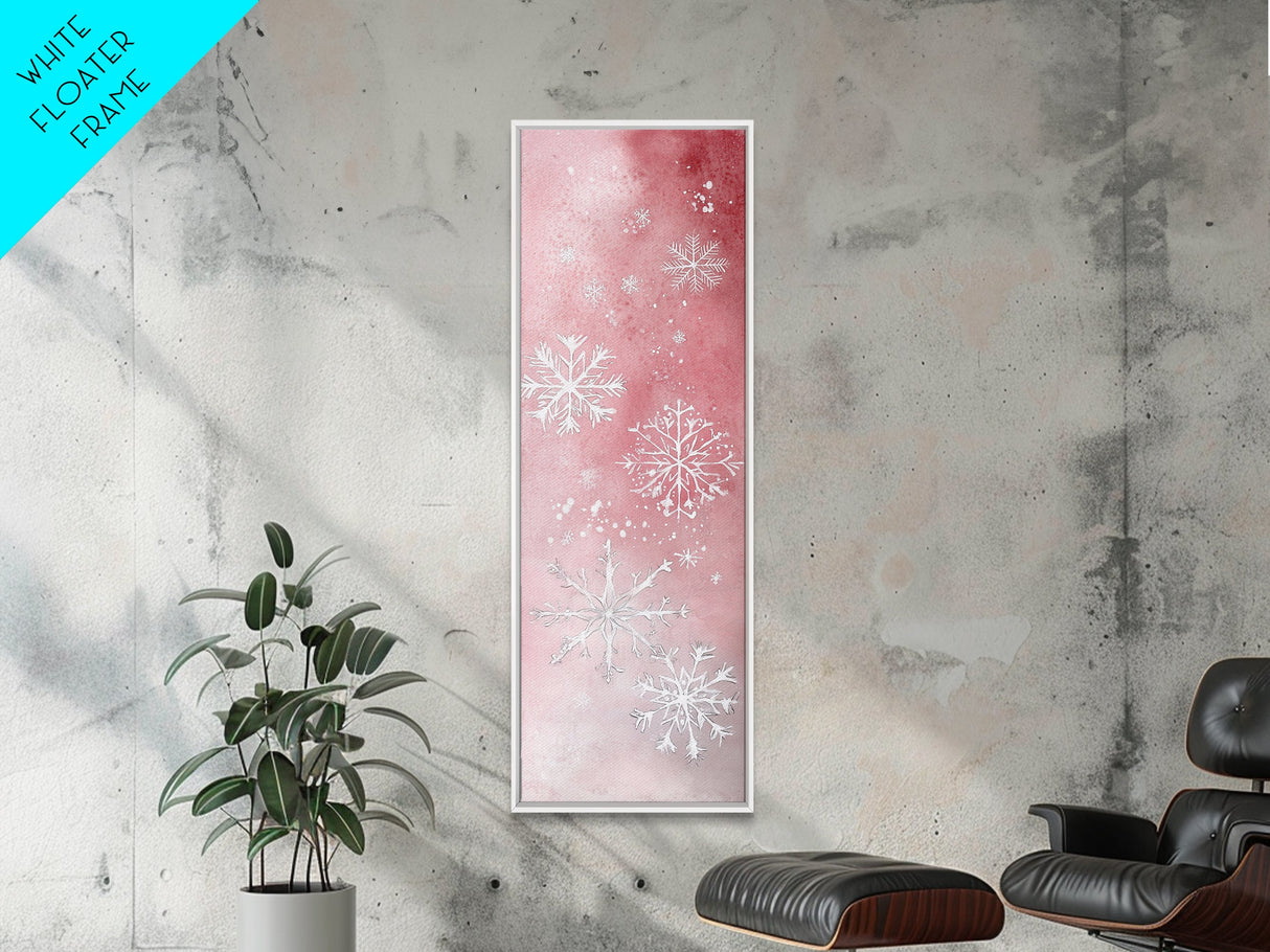 Snowflake Canvas Print Christmas Light Pink Art Whimsical Skinny Wall Art Vertical Art Winter Decor Living Room Rustic Guest Room