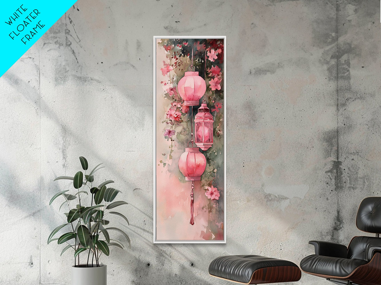 Lantern Glow Canvas Print, whimsical Moroccan wall art with light pink tones and floral accents, tall skinny vertical wall art piece.