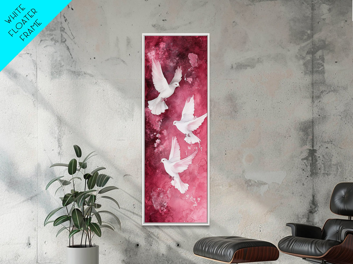 White Doves Canvas Print - Angel Art Prints on Burgundy Background, Symbolic Bird Art, Light Pink Abstract Vertical Wall Decor