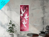 White Doves Canvas Print - Angel Art Prints on Burgundy Background, Symbolic Bird Art, Light Pink Abstract Vertical Wall Decor