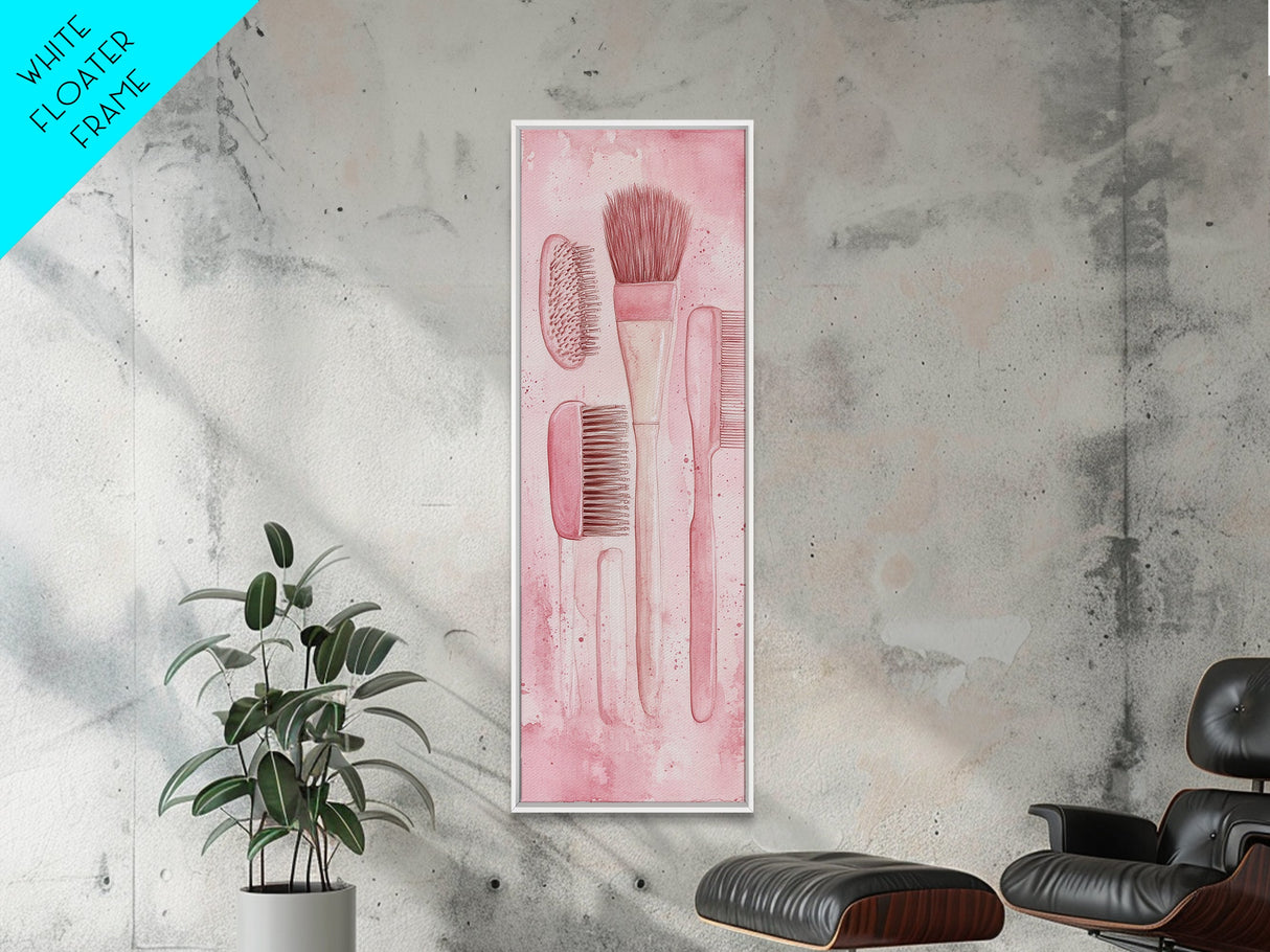 Hairbrushes And Combs Framed Canvas Print Light Pink Wall Art Minimalist Art Long Narrow Wall Art Tall Skinny Art Gift Idea