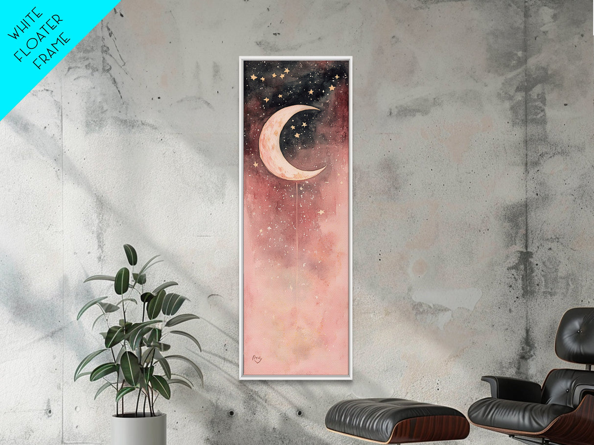 Crescent Moon Canvas Print Starry Night Pink Abstract Vertical Wall Art Zen Room Decor Dreamy Boho Gift Idea