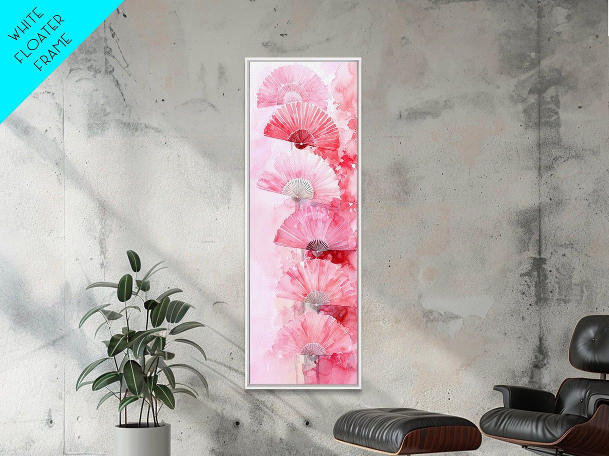 Elegant Hand Fans Framed Canvas Print Chinoiserie Wabi Sabi Wall Art Vertical Pink Decor Skinny Tall Art Light Pink Wall Art