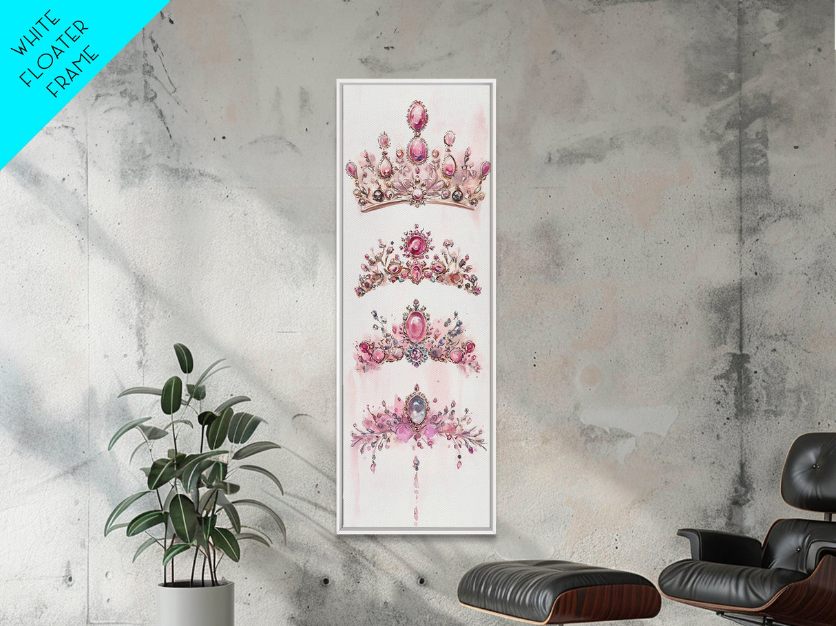 Royal Pink Tiara Framed Canvas Print Princess Gemstone Painting Feminine Wabi Sabi Art Vertical Wall Art Elegant Home Decor