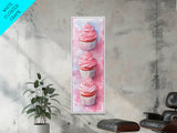 Pink Cupcake Trio Canvas Print, Whimsical Kitchen Art, Rustic Light Pink Wall Art, Food Review Vertical Artwork, Gift Idea For Her