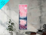 Moonlit Pink Forest Canvas Print, Moody Mountain Landscape Painting, Wildflower Rustic Vertical Wall Art, Cozy Living Room Decor