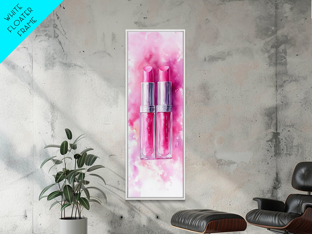 Pink Lipstick Duo Canvas Print, Whimsical Minimalist Vertical Wall Art, Light Pink Cosmetic Art, Gift Idea, Bedroom Skinny Artwork