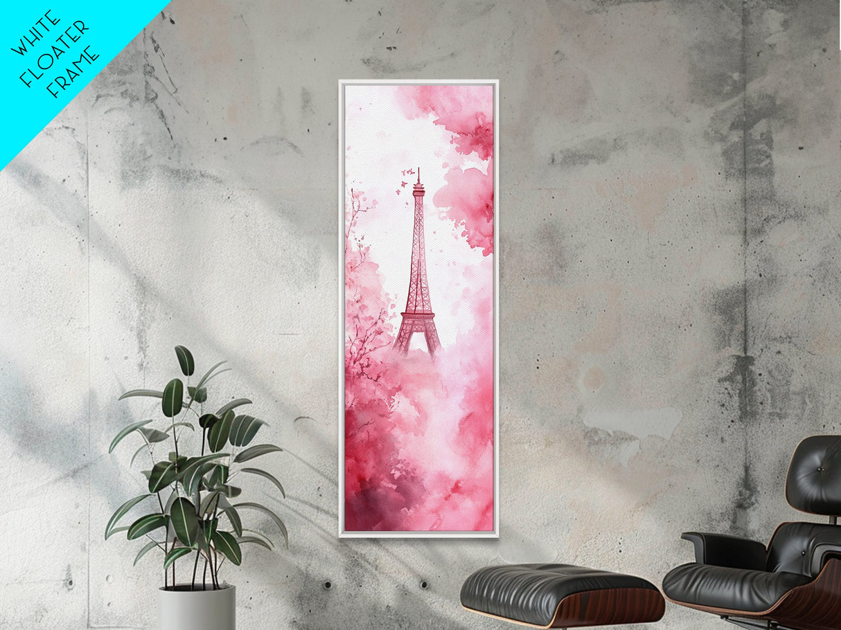 Eiffel Tower Painting Framed Canvas Print Romantic Parisian Wall Art Light Pink Decor Vertical Artwork Whimsical Home Accent Art
