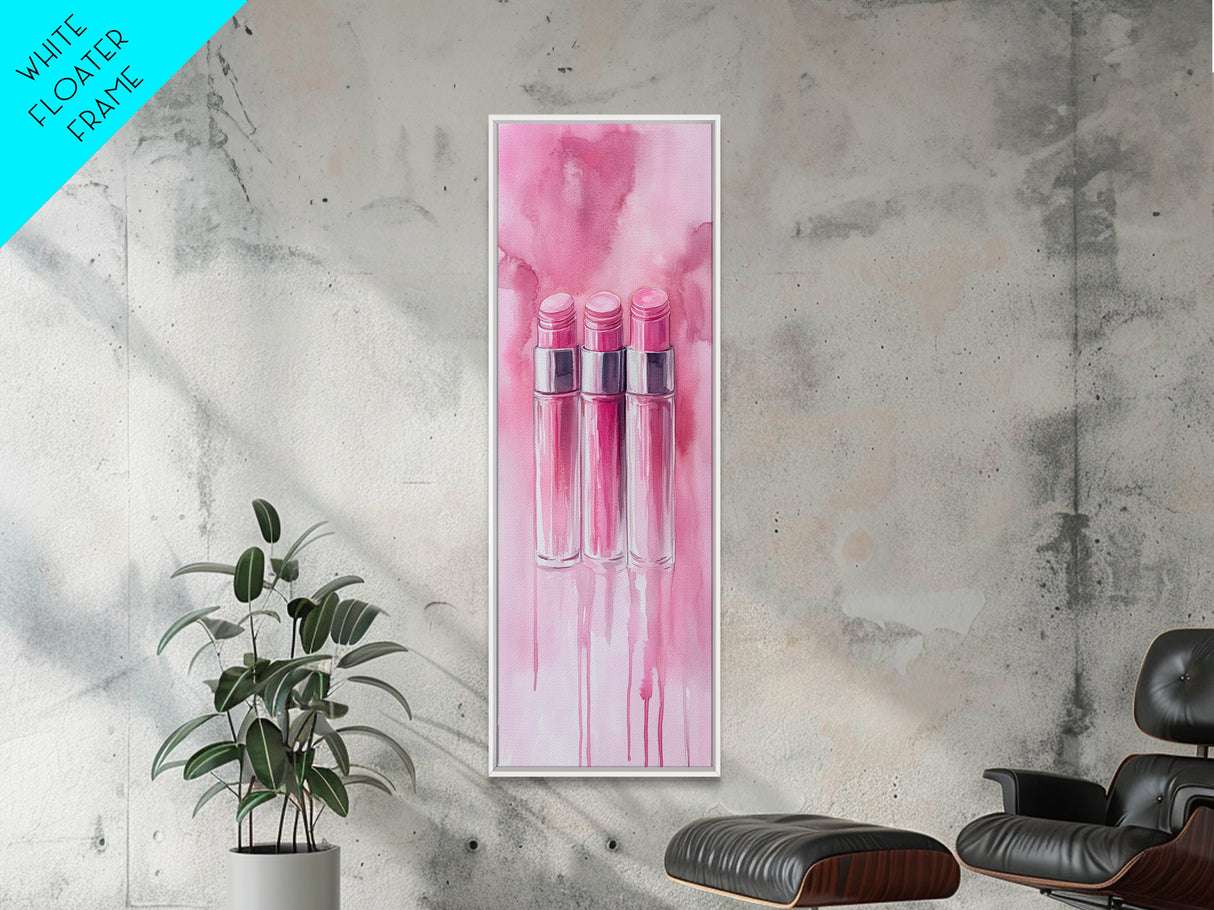 Glossy Pink Lipstick Trio Framed Canvas Print in Minimalist Vertical Wall Art for Fashion and Makeup Room Décor