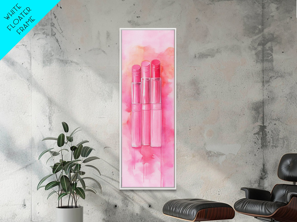Light Pink Lipsticks Framed Canvas Print, Modern Whimsical Art, Abstract Vertical Art for Makeup Room or Girly Dorm Wall Decor