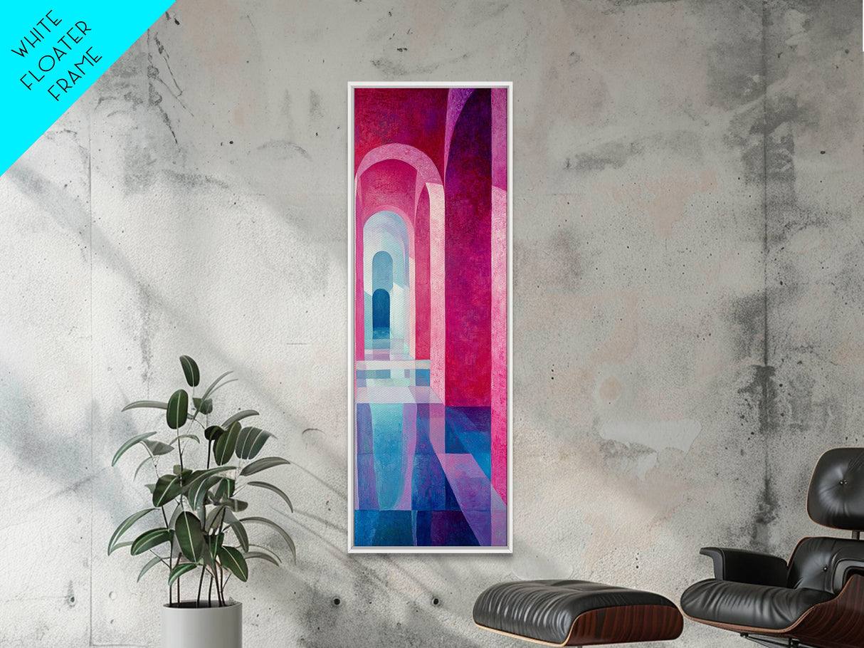 Geometric Archway Framed Canvas Print, Abstract Pink and Blue Whimsical Art, Skinny Vertical Wall Art for Modern Living Room Decor