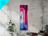 Geometric Archway Framed Canvas Print, Abstract Pink and Blue Whimsical Art, Skinny Vertical Wall Art for Modern Living Room Decor