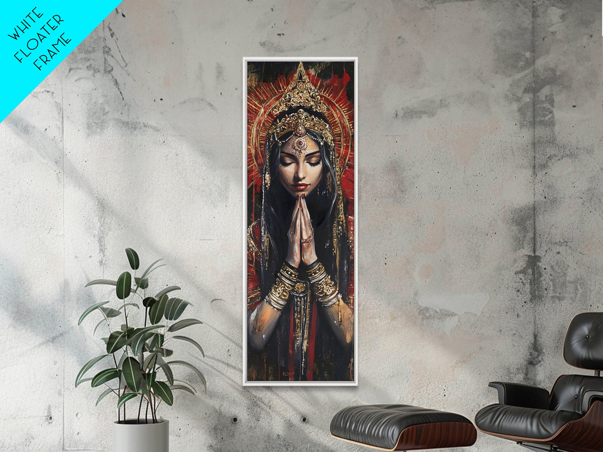 Goddess Prayer Painting Framed Canvas Print, Kerala Mural Art with Rich Red and Gold, Dark Angels Wall Art for Boho Bedroom Decor