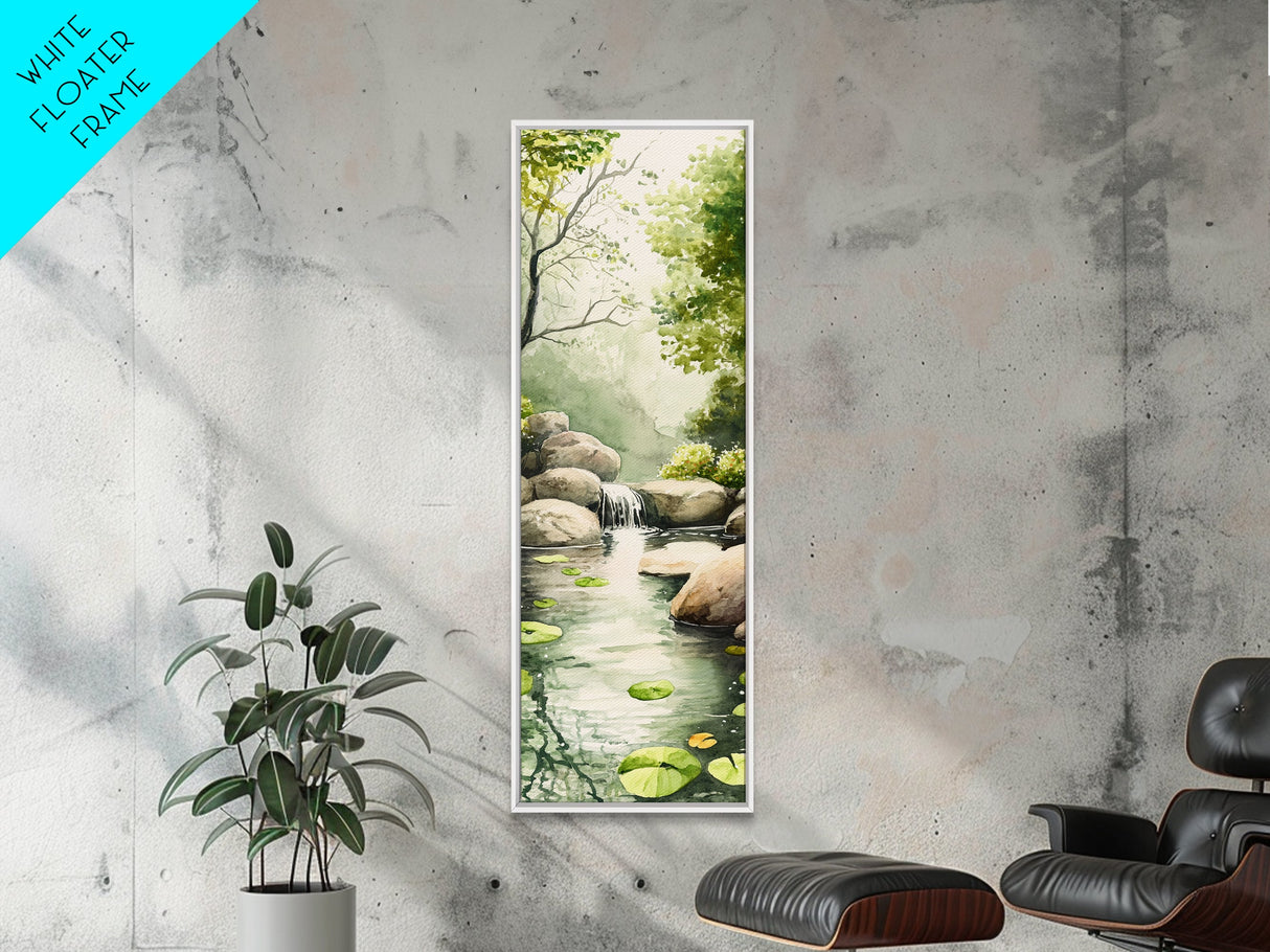 Tranquil Waterfall Scene Framed Canvas Print Green Wall Art Botanical Prints Vertical Landscape Art Above Bed Living Room Decor