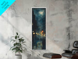 Moody Night Street Scene Framed Canvas Print | Vertical Wall Art | Moody Art | Living Room Art | Gift Idea Him | Urban Nightscape