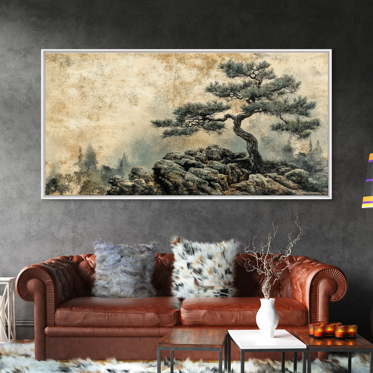 Pine Tree on Rocks Canvas Print Rustic Wall Art Wabi Sabi Minimalist Artwork Zen Art Bedroom Decor Horizontal Landscape Painting