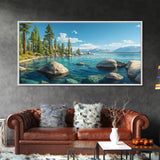 Lake Tahoe Landscape Canvas Print Rustic Wall Art Coastal Nature Scene Above Bed Artwork Living Room Decor Panoramic Painting