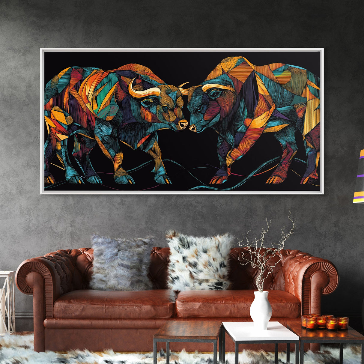 Vibrant Mosaic Bulls Canvas Print Colorful Geometric Wall Art Rustic Decor Living Room Art Tall Narrow Art Bull and Bear Art