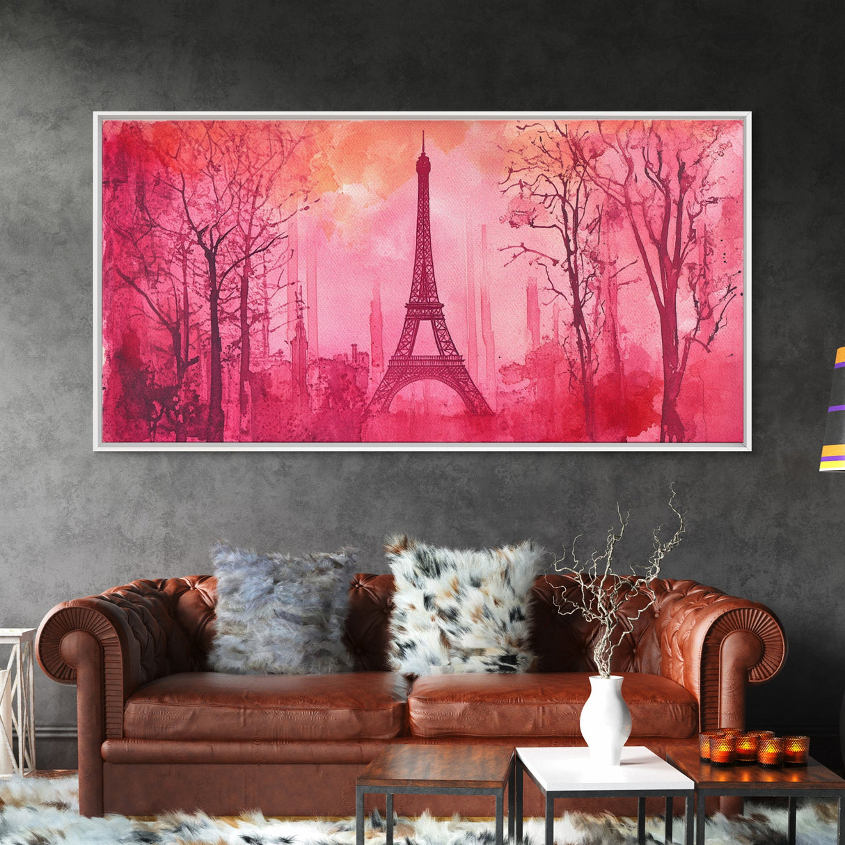 Eiffel Tower Painting Framed Canvas Print, Paris Pink Wall Art Romantic Decor, Horizontal Wall Art Living Room Rustic Gift Idea