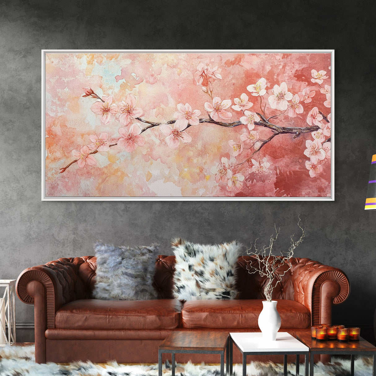 Cherry Blossom Painting Framed Canvas Print, Light Pink Wall Art Living Room Decor, Horizontal Wall Art Rustic Art Gift Idea for Her