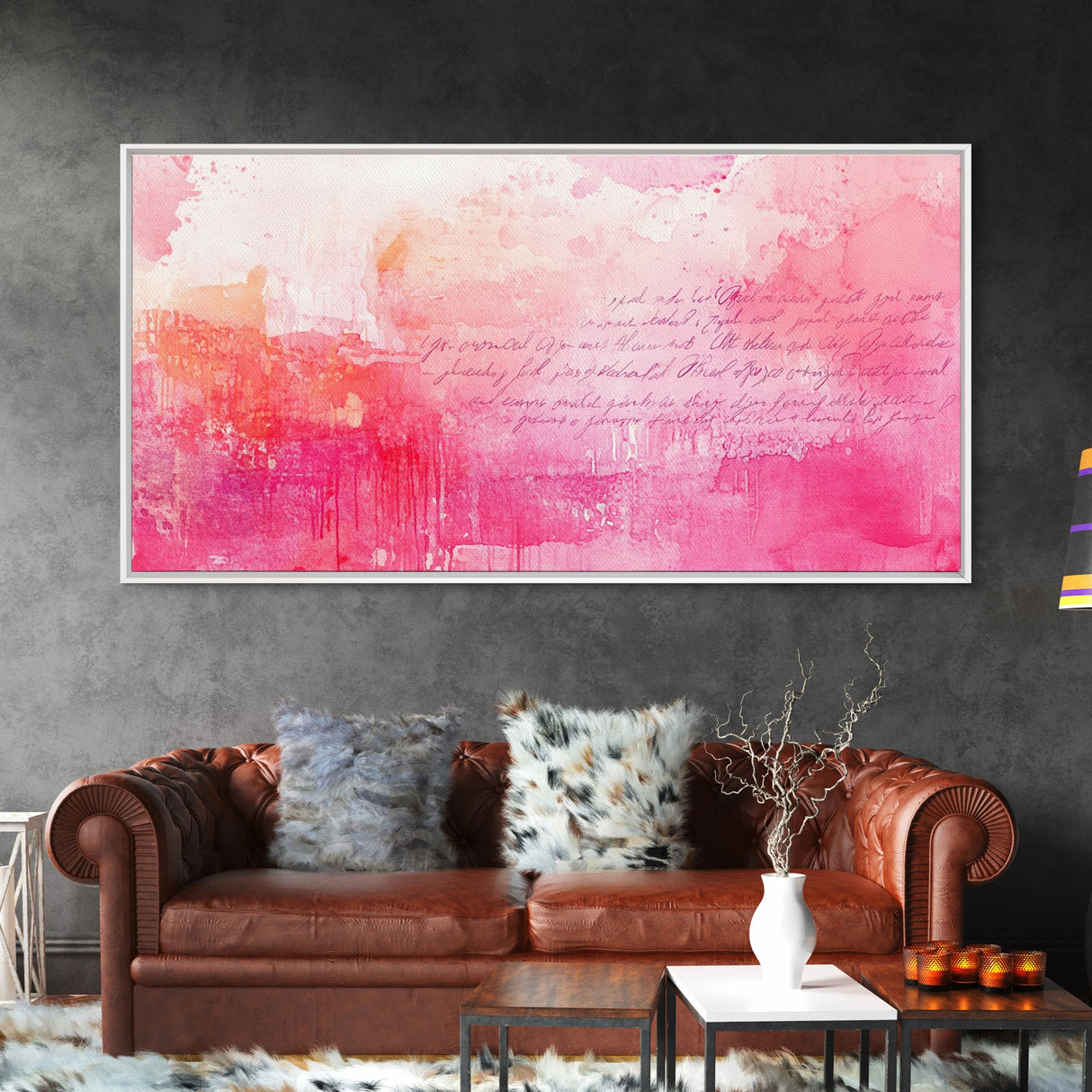 Abstract Pink Writing Framed Canvas Print, Light Pink Wall Art Chinoiserie Whimsical Decor, Rustic Wall Art Horizontal Gift Idea