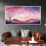 Twilight Meadow Framed Canvas Print, Whimsical Starry Night Art, Moody Nature Painting, Dreamy Purple Landscape, Wall Decor Gift Idea