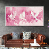 White Dove Flight Canvas Print | Angel Art Prints | Light Pink Wall Art | Minimalist Bird Art | Whimsical Living Room Decor Wall Art