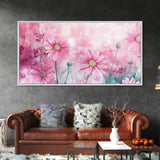 Wildflower Painting Canvas Print, Vibrant Daisy Wall Art with Light Pink Abstract Background, Whimsical Art for Bedroom Decor