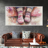 Cozy Socks Canvas Print, Rustic Light Pink and Warm Toned Painting, Whimsical Art as Fall Decor for Bedroom or Lounge Area