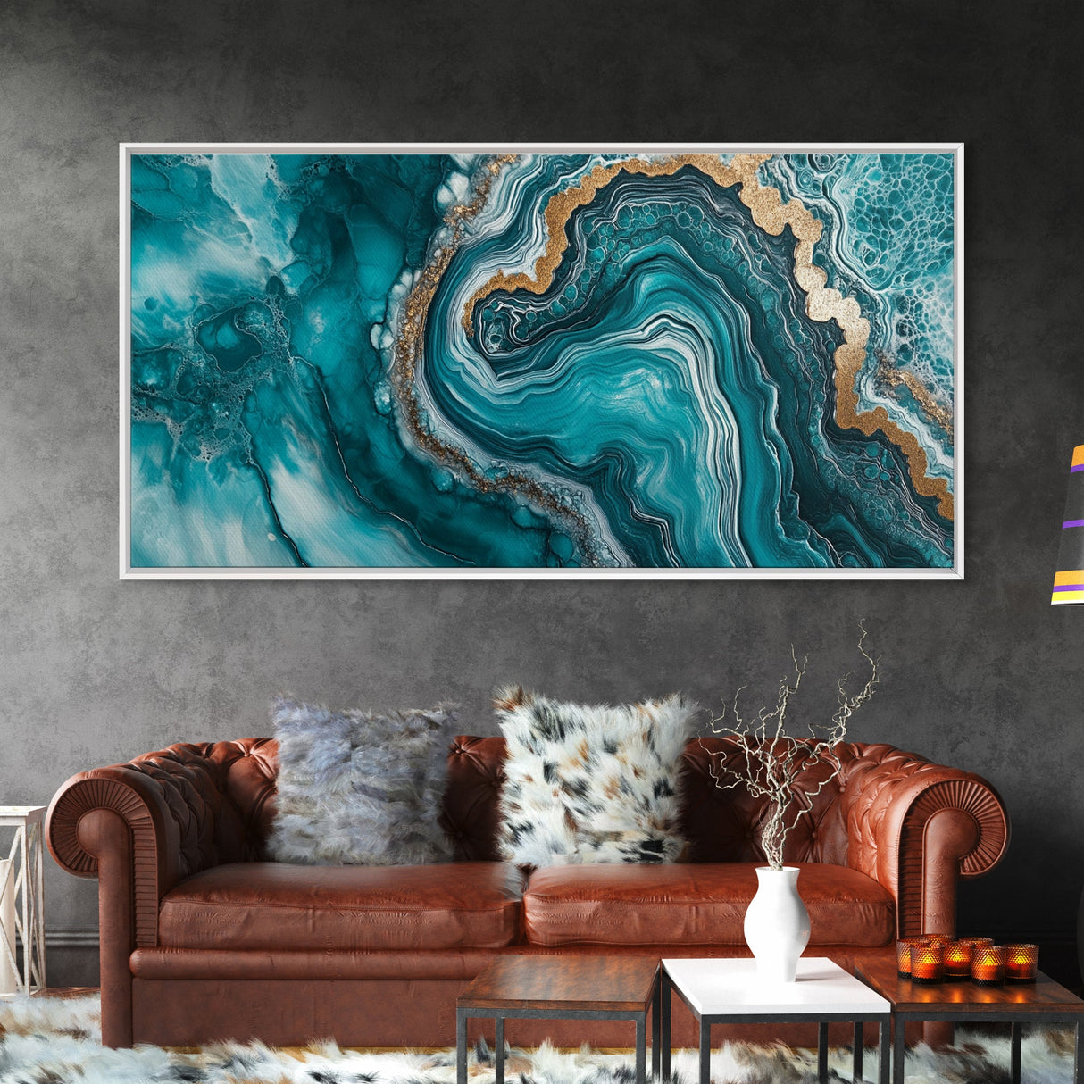 Turquoise Geode-Inspired Canvas Print, Mosaic Wall Art, Teal Wall Art, Abstract Coastal Art, Panoramic Art, Wide Wall Art, Coastal Decor