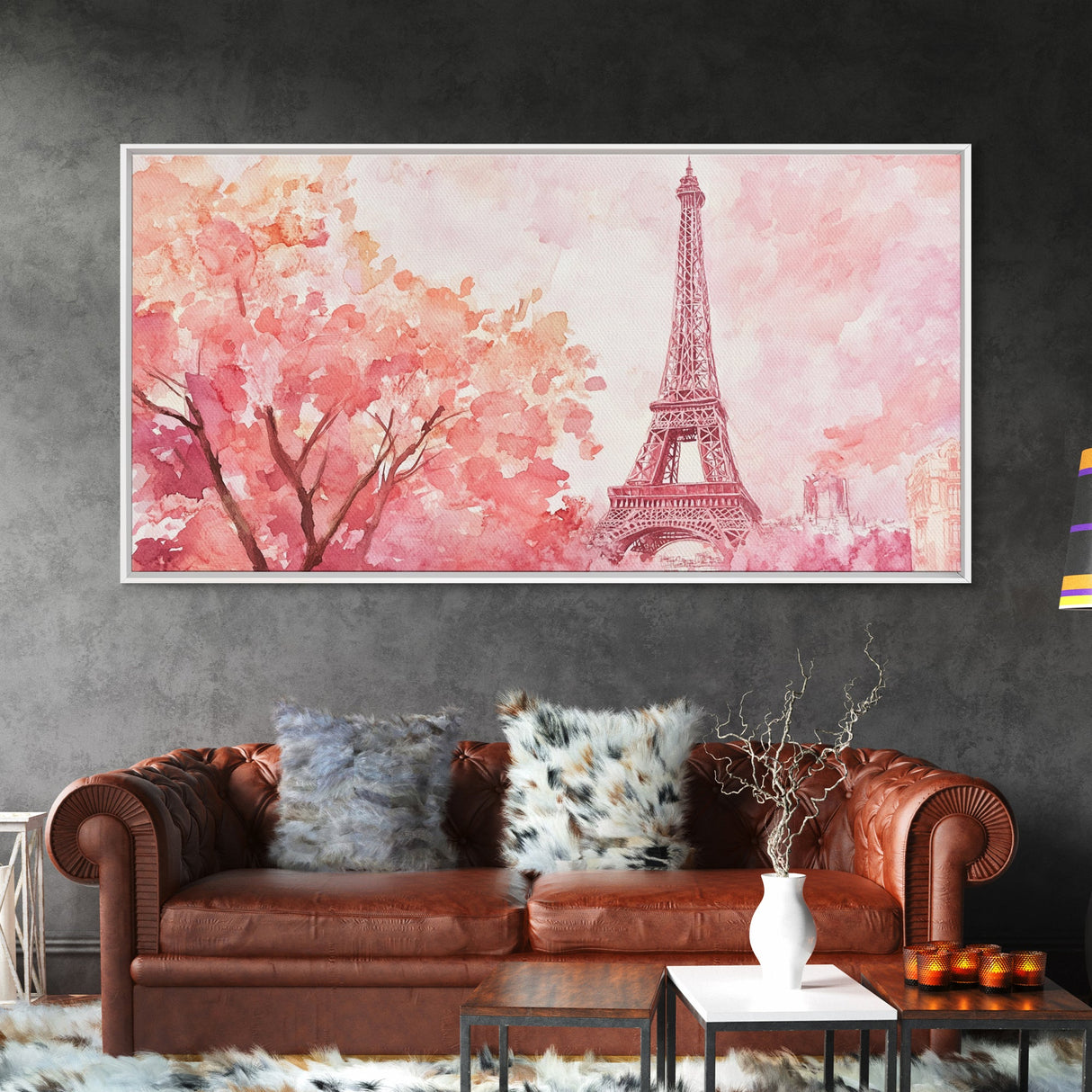Eiffel Tower Cherry Blossom Canvas Print - Light Pink Wall Art Paris Landscape Romantic Living Room Art Bedroom Rustic Decor