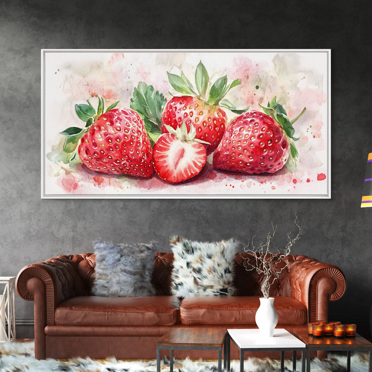 Strawberry Still Life Canvas Print - Bright Red Fruit Rustic Kitchen Art Food Review Artwork Light Pink Wall Art Rustic Decor