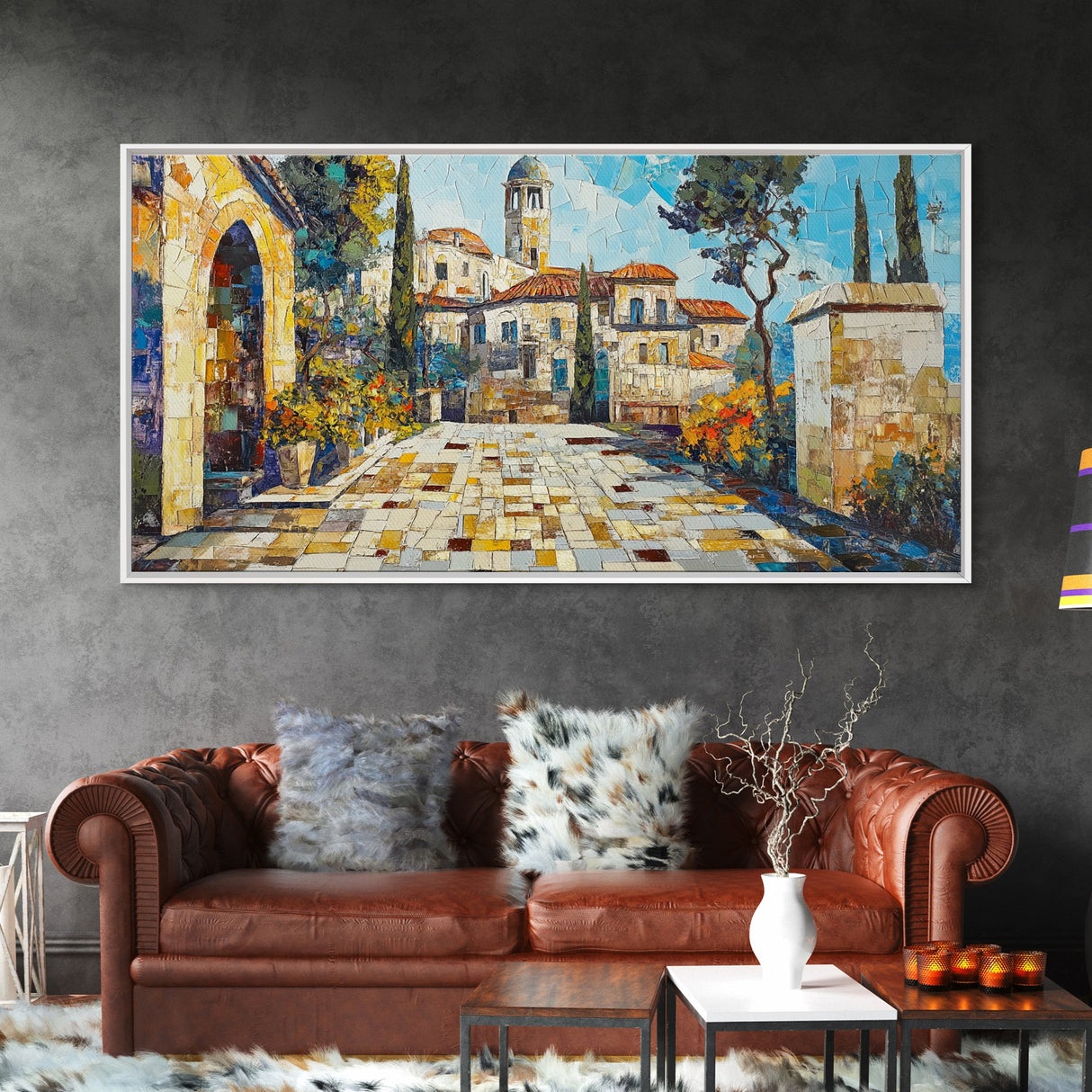 Mediterranean Village Mosaic Framed Canvas Print - Vibrant Coastal Landscape Art - Nautical Decor Living Room Rustic Wall Art